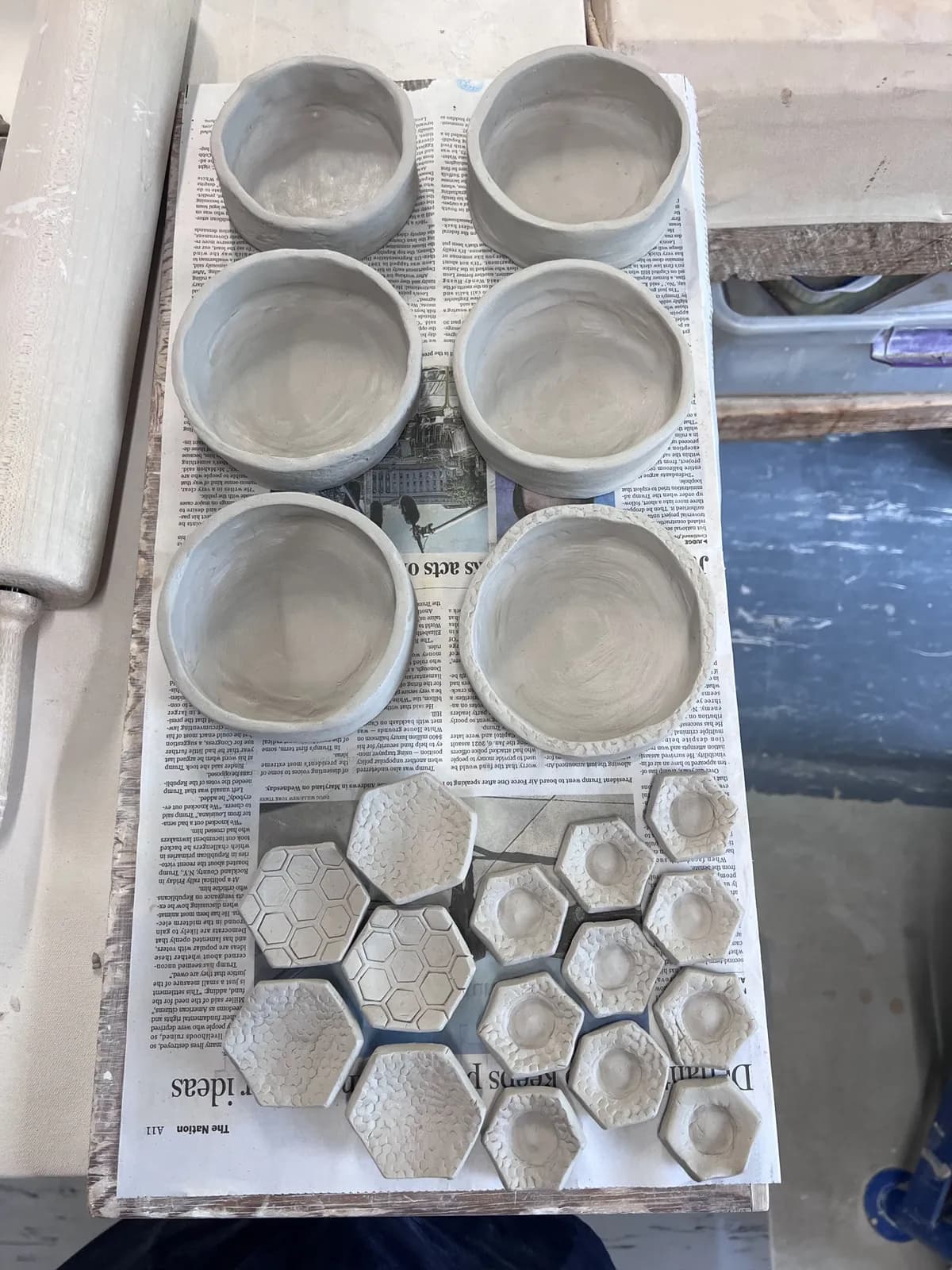 Hand-built ceramics drying before firing